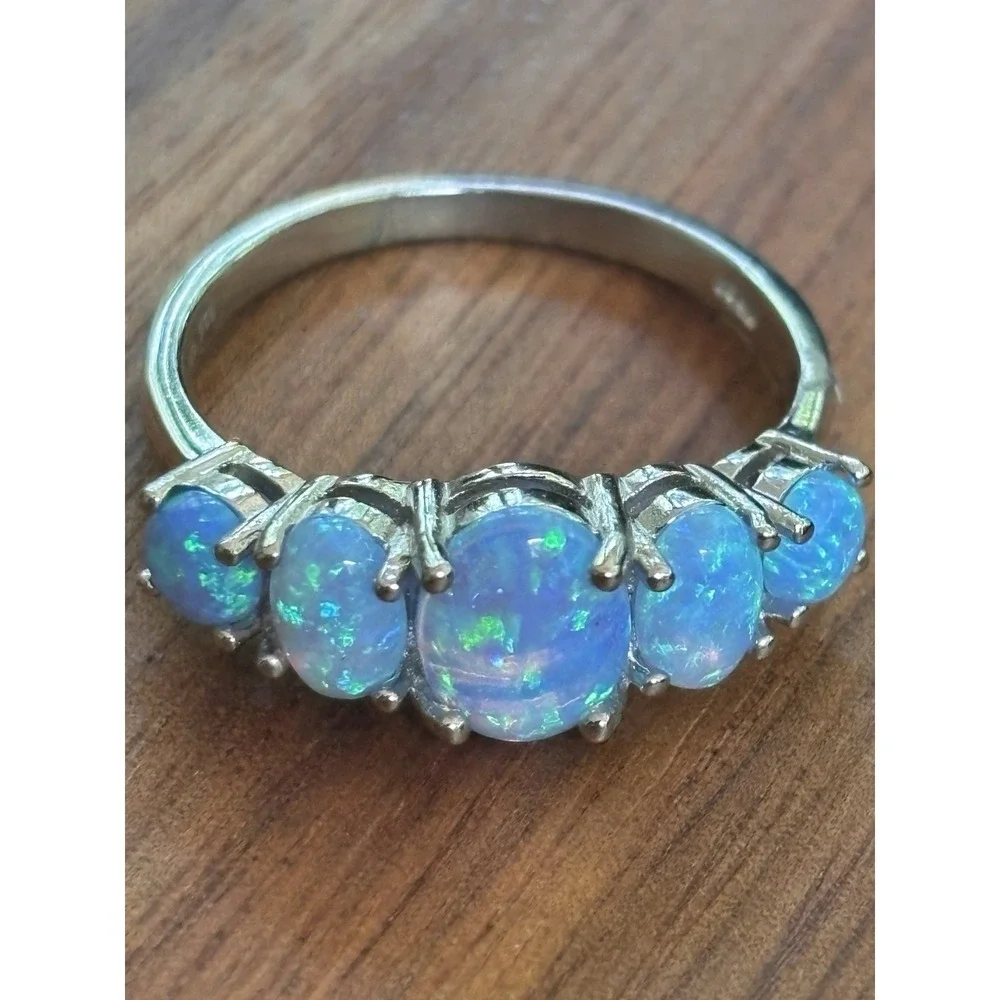 Blue Fire Opal And .925 Sterling Ring Size 7.75 - Picture 1 of 11